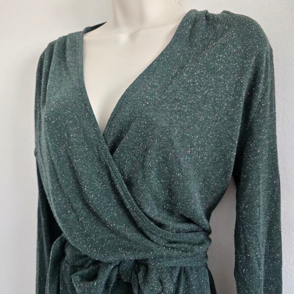 Eve Gravel Long Sleeve Faux Wrap Midi Dress Green Size S Silk Blend Minimalist - Picture 2 of 10